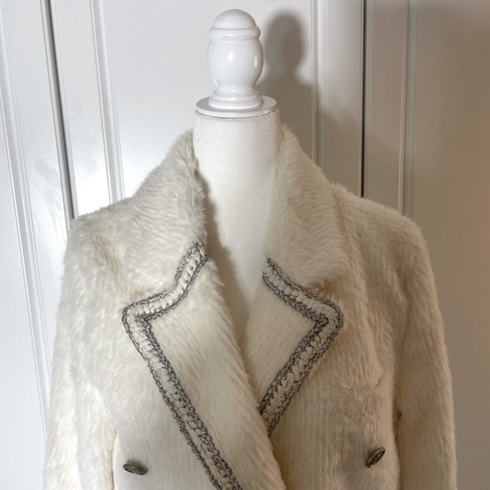 Fuzzy Double Breast White Coat With Metallic Threads & Silver Stamped Buttons - Picture 9 of 14